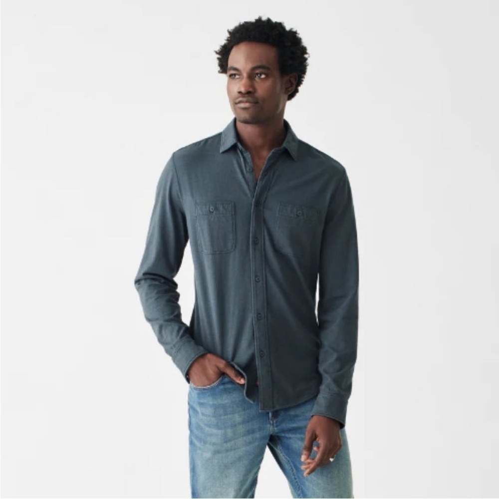 Faherty Men’s Knit Seasons Long Sleeve Button Down Shirt in Blue Nights Sz S